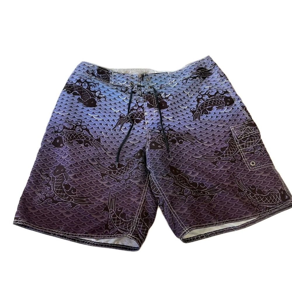 No Fear Board‎ Shorts Mens Size 38 Tie Pockets Unlined Purple Fish scale EUC